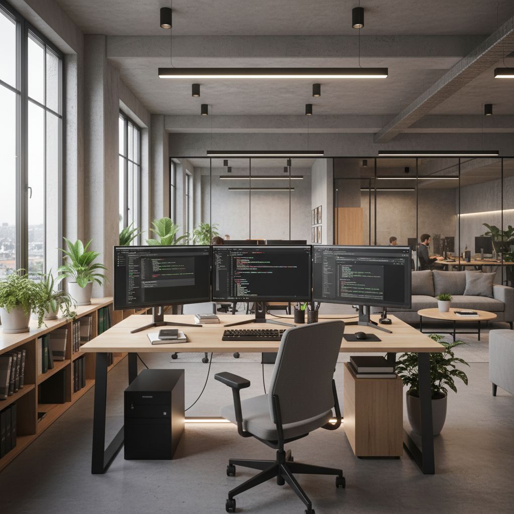 Espacio de trabajo Full Stack Development con múltiples pantallas