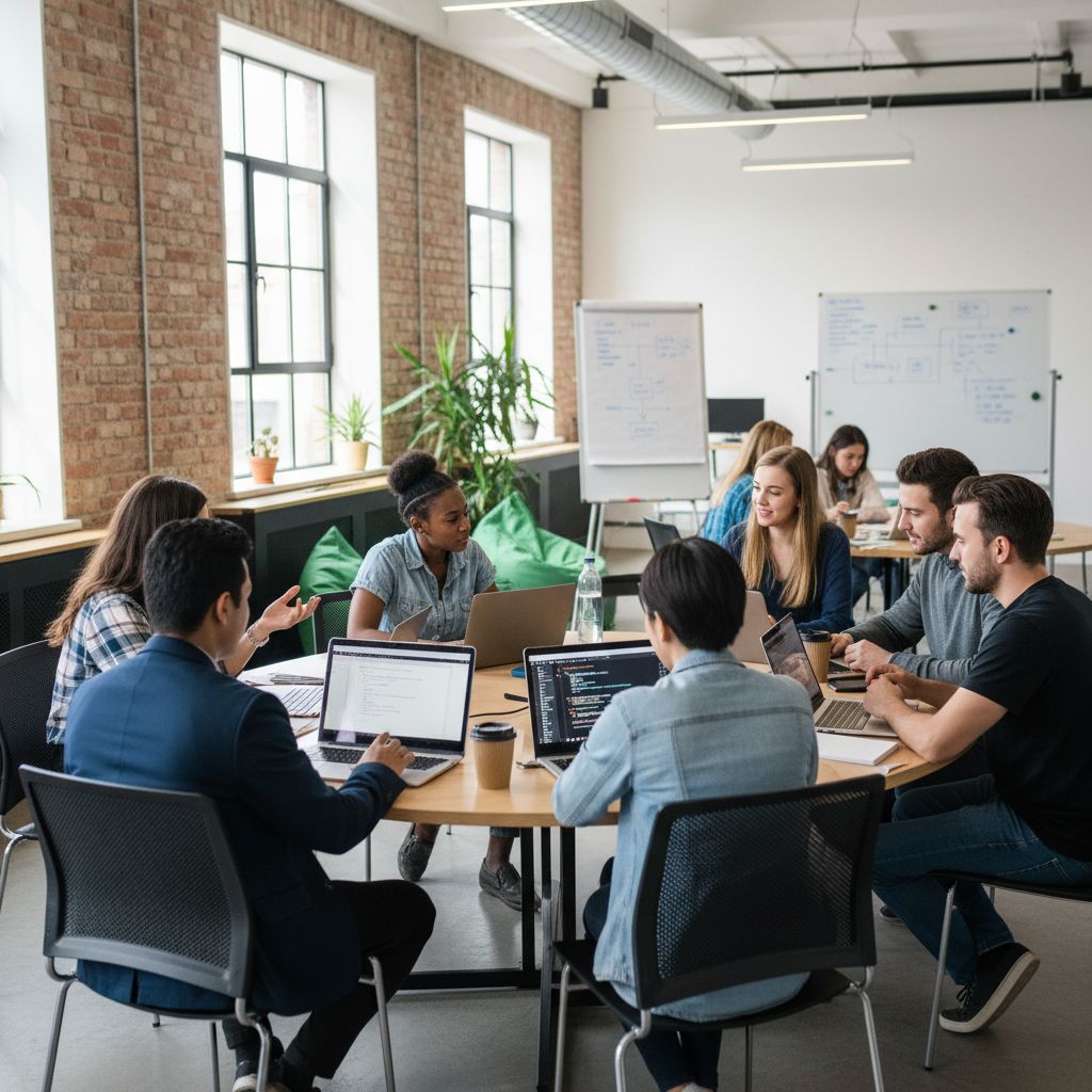 Aula moderna con estudiantes programando