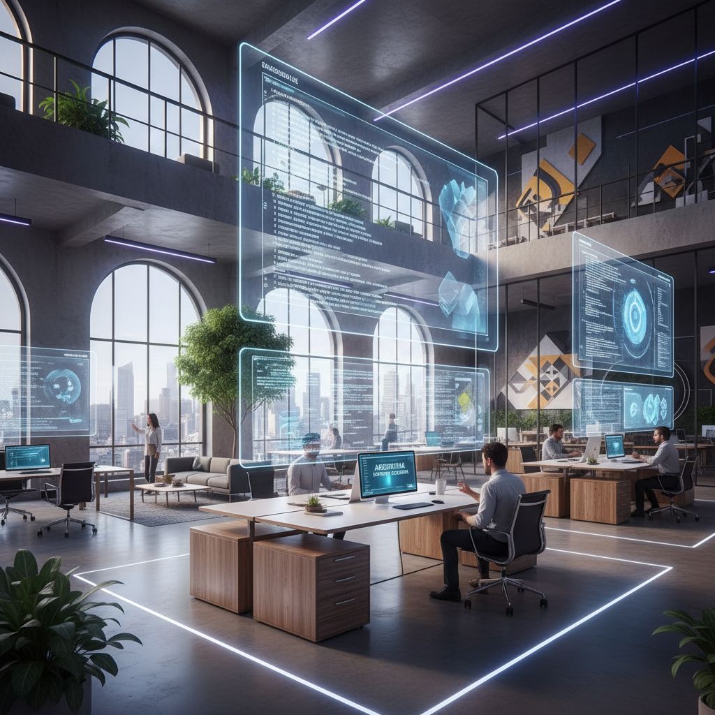 Espacio de trabajo tecnológico futurista con desarrollo de software
