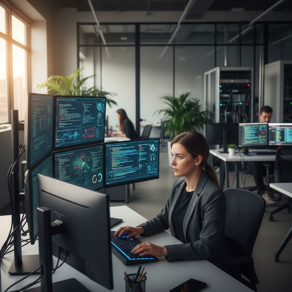 Analista de ciberseguridad monitoreando amenazas en pantallas